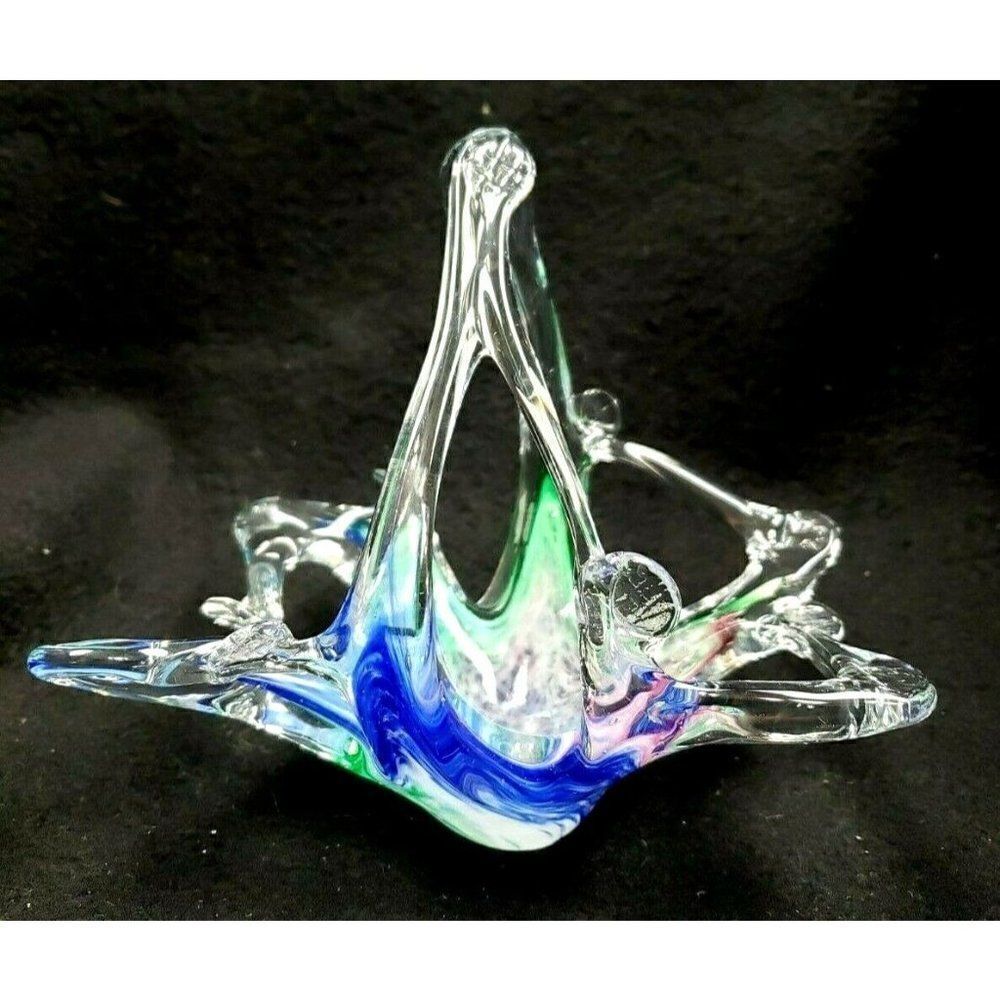 STUNNING! Vintage Art Glass Basket Candy Dish Blue Pink Green Swirl Colorful - Picture 2 of 6